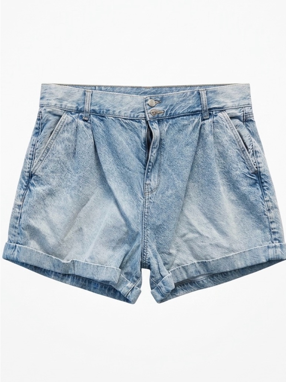 American Eagle Outfitters Light Blue Pleated Denim Shorts with Cuffed Hem 3774